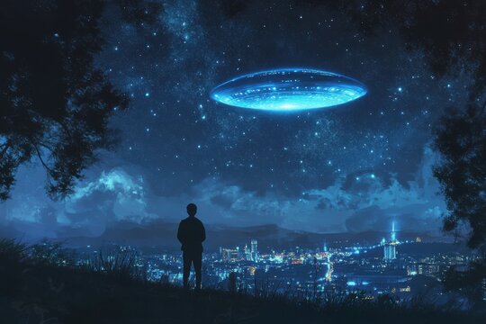 A starry night scene where a mysterious UFO hovers above a city skyline, creating intrigue and wonder.