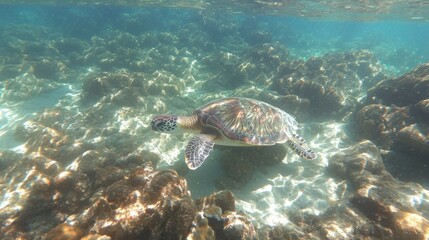 Obraz premium Turtle swimming over coral reef in clear water.