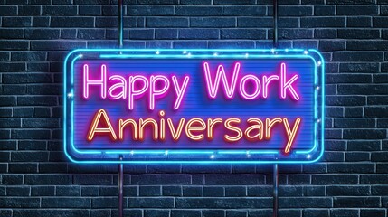 Neon Sign: "Happy Work Anniversary" with a brick wall background, vector art