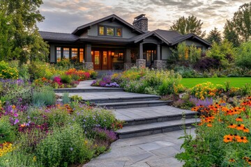 A Craftsman home with a large front yard, stone steps leading to the entrance, and a garden filled with colorful flowers in full bloom