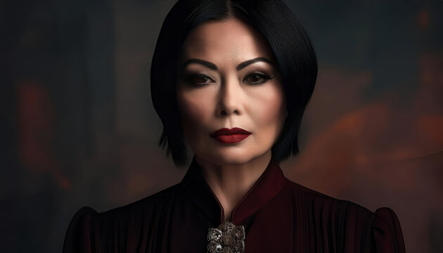 Mature Asian-featured woman, very attractive and sophisticated, with bob-cut hair and a penetrating gaze