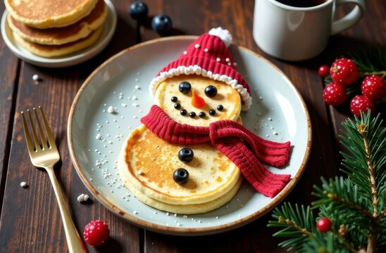 Pancakes in shape of snowman in red hat and scarf on decorated with berries and branches table, top view. Seasonal winter breakfast