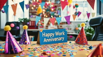 Office desk decorated with party hats, a "Happy Work Anniversary" banner, and confetti scattered across the surface