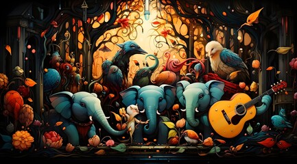 Colorful Cartoon Animals Creating a Musical Symphony with Sound Waves - Generative AI