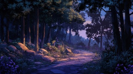 Forest path, stone, twilight, purple flowers, trees.
