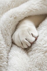 Fototapeta premium Cozy Cat Paw Snuggled in Soft Fluffy Blanket