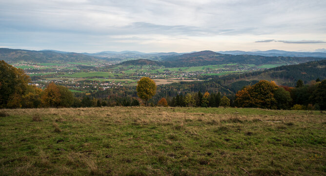 View from Mala Kycera hill in Moravskoslezske Beskydy mountains in Czech republic