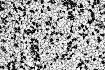 Abstract patterned mosaic of white and black small irregularly shaped stones