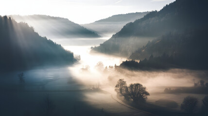 Fototapeta premium A misty valley with sunlight piercing through in scattered rays, creating a dreamlike glow