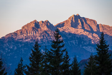 Hiking trail through coniferous forest with scenic view mountain peak Zuc dal Bor bathed in warm...