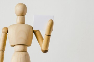A wooden mannequin holding a blank business card against a plain white background for creative projects.
