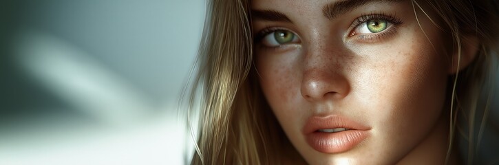 Obraz premium Woman with freckles and green eyes close up. Natural beauty concept