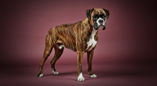 Majestic brindle boxer dog against maroon background for pet lovers and design