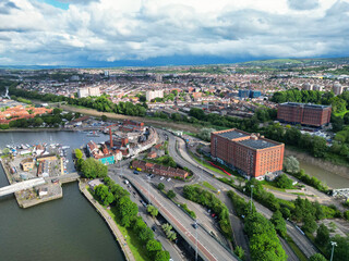 Buildings at Hotwells Central Bristol City of Southwest of England, Great Britain. High Angle Footage Was Captured with Drone's Camera from Medium High Altitude on May 27th, 2024.