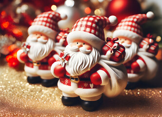 Obraz premium Small Santa Claus ornaments made of ceramic and fabric, with gift sacks and details in red and white