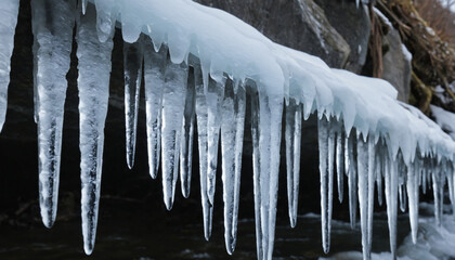 Close-up of icicles hanging from the riverbank, melting in the flowing water below