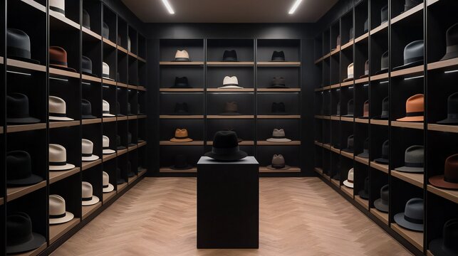 Stylish Hats Showroom Modern Retail Display of Headwear Collection - Powered by Adobe
