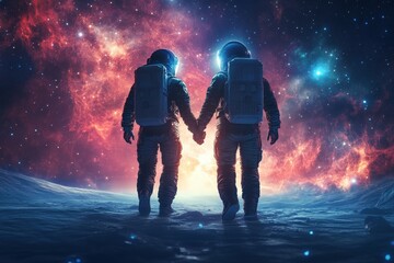 Fototapeta premium An astronaut couple holding hands in the vastness of space with the stars shining brightly above.