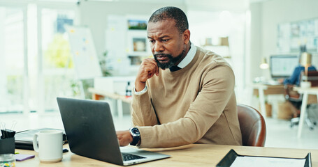 Realtor, laptop and businessman in office for research online for real estate opportunity or listing services. African, reading or browsing housing website for apartment post, project or property ads © peopleimages.com