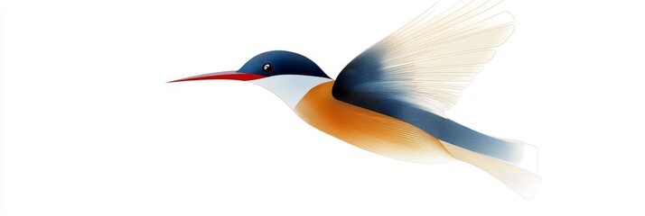 Hummingbird in Flight - Grace, speed, freedom, nature, beauty. A vibrant hummingbird soars against a white background.
