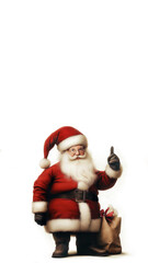 Santa Claus figure dressed in a red suit with white fur trim, bag with gifts, holding finger up, isolated on white background, copy space, aspect ratio 9-16