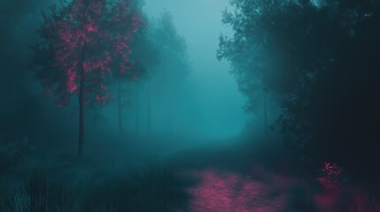 D&uuml;stere Waldszene mit mystischem Nebel