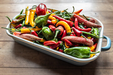 bowl of red yellow and green chili peppers
