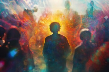 Fototapeta premium A meditative figure radiating a vibrant aura, finding peace in a bustling urban environment.