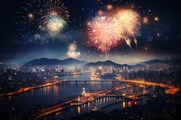 Fototapeta premium Fireworks city architecture celebration.