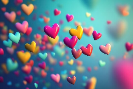 Vibrantly colored hearts floating down continuously, spreading love and happiness.