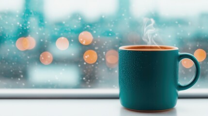 Obraz premium A steaming mug of coffee sits on a windowsill with a blurred cityscape and raindrops in the background, creating a cozy atmosphere.