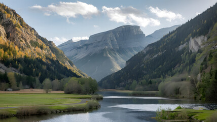 A peaceful valley nestled between two dramatic mountain ridges
