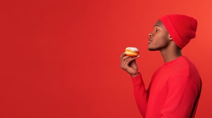 Man in Red Enjoying Pastry - A young man in a red beanie and sweater holds a small pastry, symbolizing joy, indulgence, comfort, warmth, and anticipation.