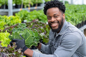A young man smiles while carefully harvesting fresh lettuce in a greenhouse filled with various leafy greens. The vibrant plants thrive in pots, reflecting a bountiful cultivation effort.
