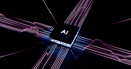 AI Chip or Soc Background, Quantum Technologies Powered By AI. Artificial intelligence powered processors. High speed processor. Next Gen. With Lines of Data Being Processed. Digital Circuit Concept.