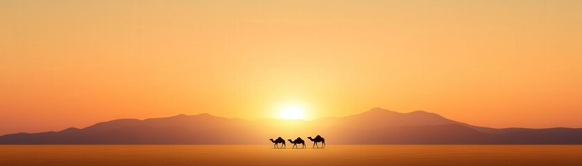 Three camels walk into the sunset desert landscape nature photography tranquil environment