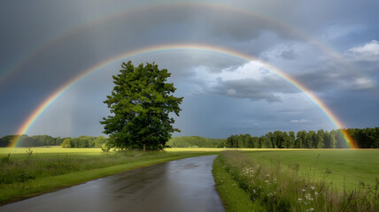 A rainbow arching over a peaceful meadow after a rainstorm