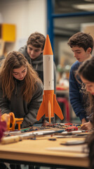 A group of enthusiastic students collaborating on building a rocket model in a classroom, emphasizing teamwork, STEM education, and innovation.