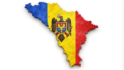 Map of Moldova with a texture of the Moldovan flag on it. White background.