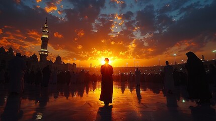 Fototapeta premium A spiritually relaxing view of a of Muslim gathering for prayers