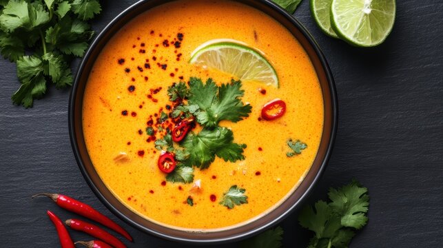 Spicy thai curry soup with lime and cilantro garnish on slate background