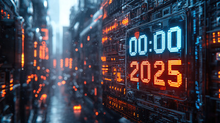 Fototapeta premium New Year 2025 concept. New Year 2025 is coming. New Year s eve Celebration in a Futuristic Sci-fi City with neon lights