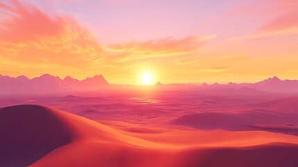 Vibrant sunset over a desert landscape with rolling sand dunes and distant mountains.