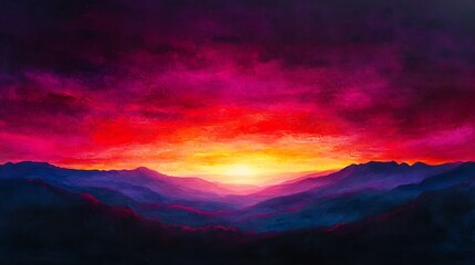 Fototapeta premium Vibrant sunset over a mountain range, painted in warm and cool tones.