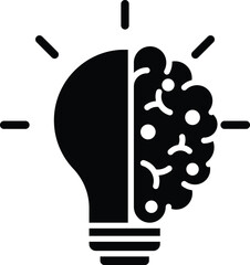 Creativity icon. A brain fused with a lightbulb symbolizing innovation and ideas.brain with bulb icon. Used in AI and creative contexts.Black flat syle.