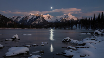 Naklejka premium A serene lake surrounded by snowy peaks under a full moon