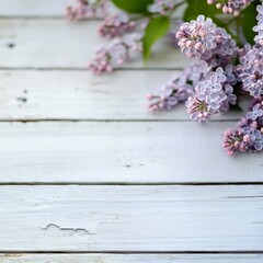 Lilacs on white planks, blurry background