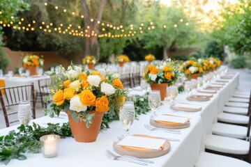 Obraz premium Stunning outdoor wedding setup featuring terracotta table settings and vibrant yellow floral arrangements under fairy lights