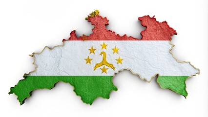 Map of Tajikistan with a texture of the Tajik flag on it. White background.