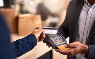 relacion entre vendedor y cliente, entrega de tarjeta debito credito, transaccion comercial, pagos electronicos